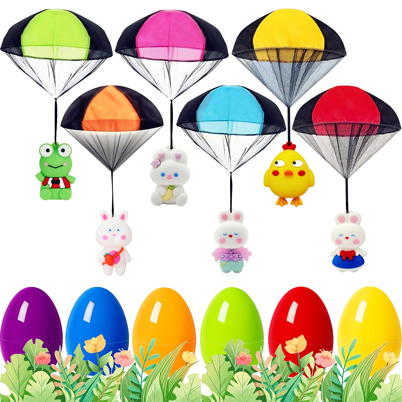 Prefilled Easter Eggs with Parachute Toys - 6 Pack Tangle-Free Throwing Toys for Kids, Perfect Easter Basket Stuffers & Fillers Gifts for Boys and Girls - Great for Easter Egg Hunts, Outdoor Play, and Party Favors