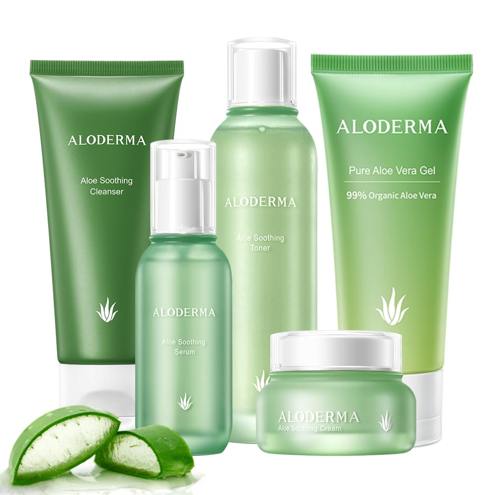 Aloderma Signature Aloe Soothing & Repairing Skincare Set - 6 Piece Kit with Gel, Cleanser, Toner, Serum (2pcs) & Cream for Sensitive Skin & Acne Relief - Perfect for Daily Face Care & Sunburn Treatment