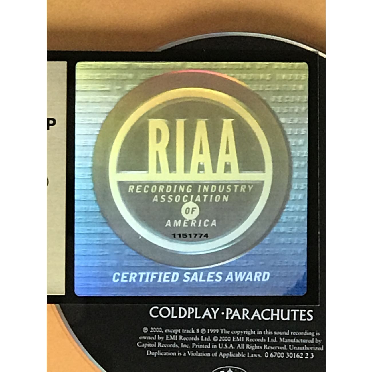 Coldplay Parachutes RIAA Gold Album Award - Certified Music Collectible for Fans & Display
