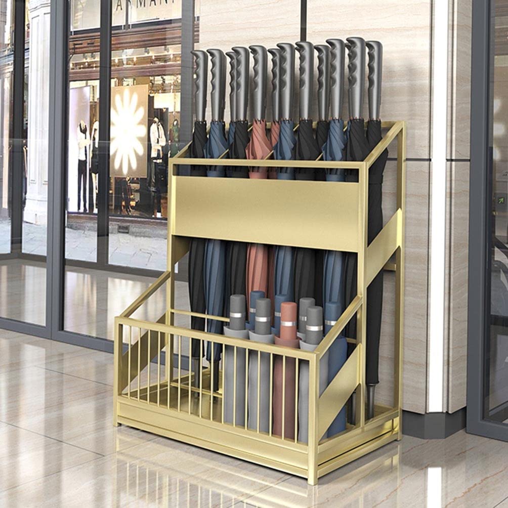 Large Iron Umbrella Stand Holder for 30-50 Umbrellas - Freestanding Hallway Entrance Organizer with Drip Tray, Gold (48x27x58cm) - Perfect for Home, Office, Restaurant & Hotel Entryways
