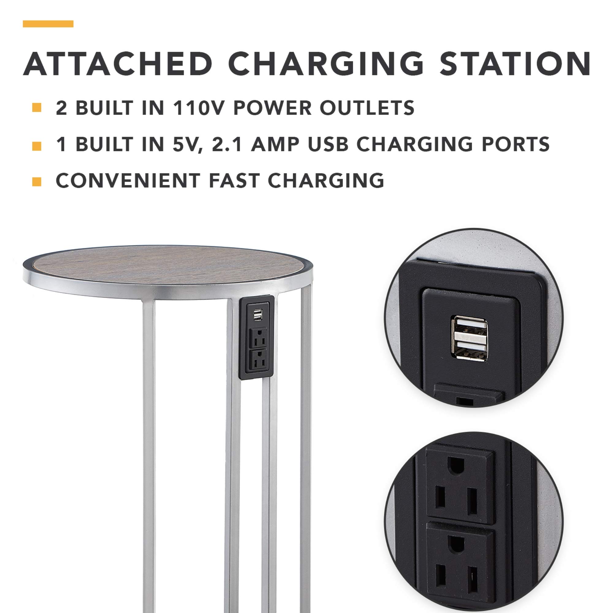 Round End Table with USB Port & Outlet - Modern C-Shaped Side Table for Living Room, Bedroom, or Office - Grey & Chrome Finish - Convenient Charging Station for Phones & Lamps