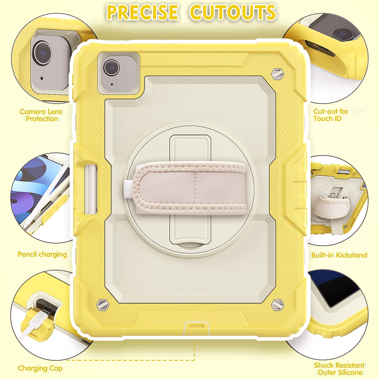 Dteck Shockproof Protective Case for iPad Air 5 (2022)/iPad Air 4 (2020)/iPad Pro 11 Inch with Shoulder Strap, Hand Strap & Pencil Holder - Yellow Kids Stand Cover for School, Travel & Outdoor Use