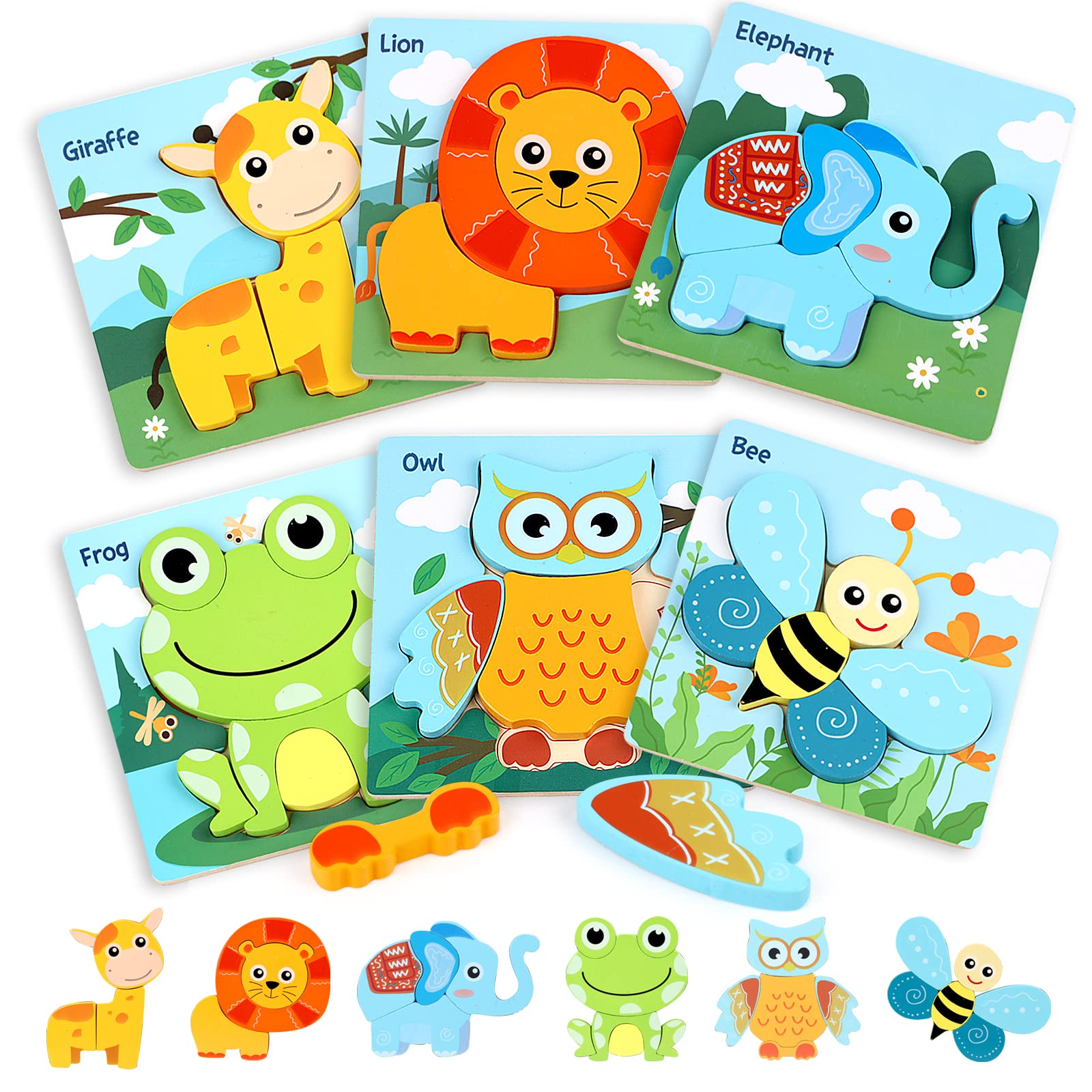 **6-Pack Wooden Animal Jigsaw Puzzles for Toddlers 1-3 Years – Montessori STEM Sensory Toys, Travel-Friendly Educational Pegged Puzzles for Boys & Girls – Perfect for Learning, Playtime & Travel Gifts**