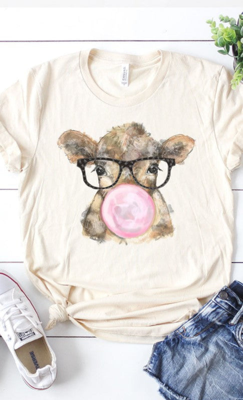 CURZY SIZE Bubble Gum Cow with Glasses Graphic Soft Cotton T-Shirt | Made in USA | Casual Wear, Funny Outfit for Teens & Adults