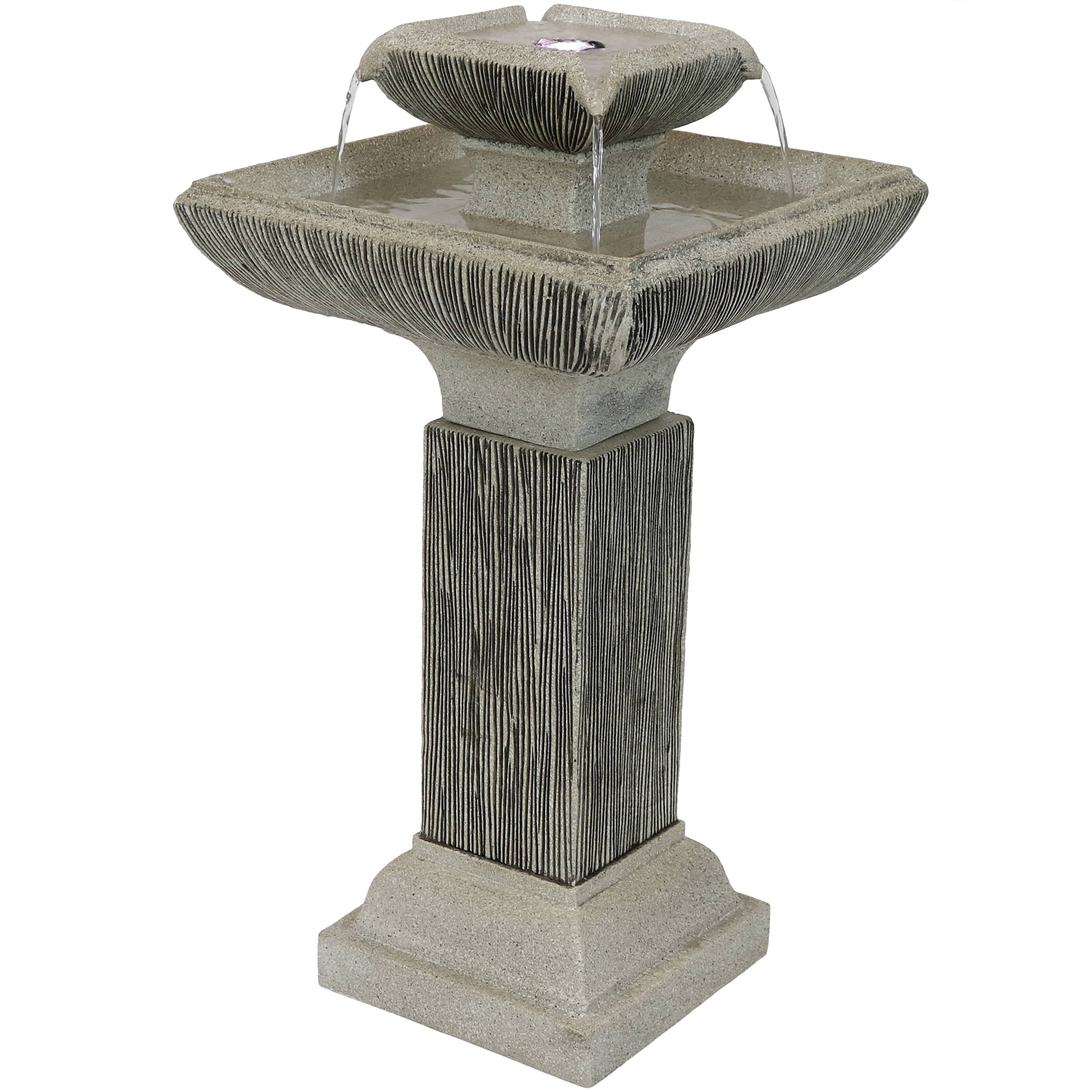Sunnydaze 2-Tier Square Outdoor Bird Bath Fountain with LED Lights - Garden Decoration for Patio, Yard, and Backyard Landscaping