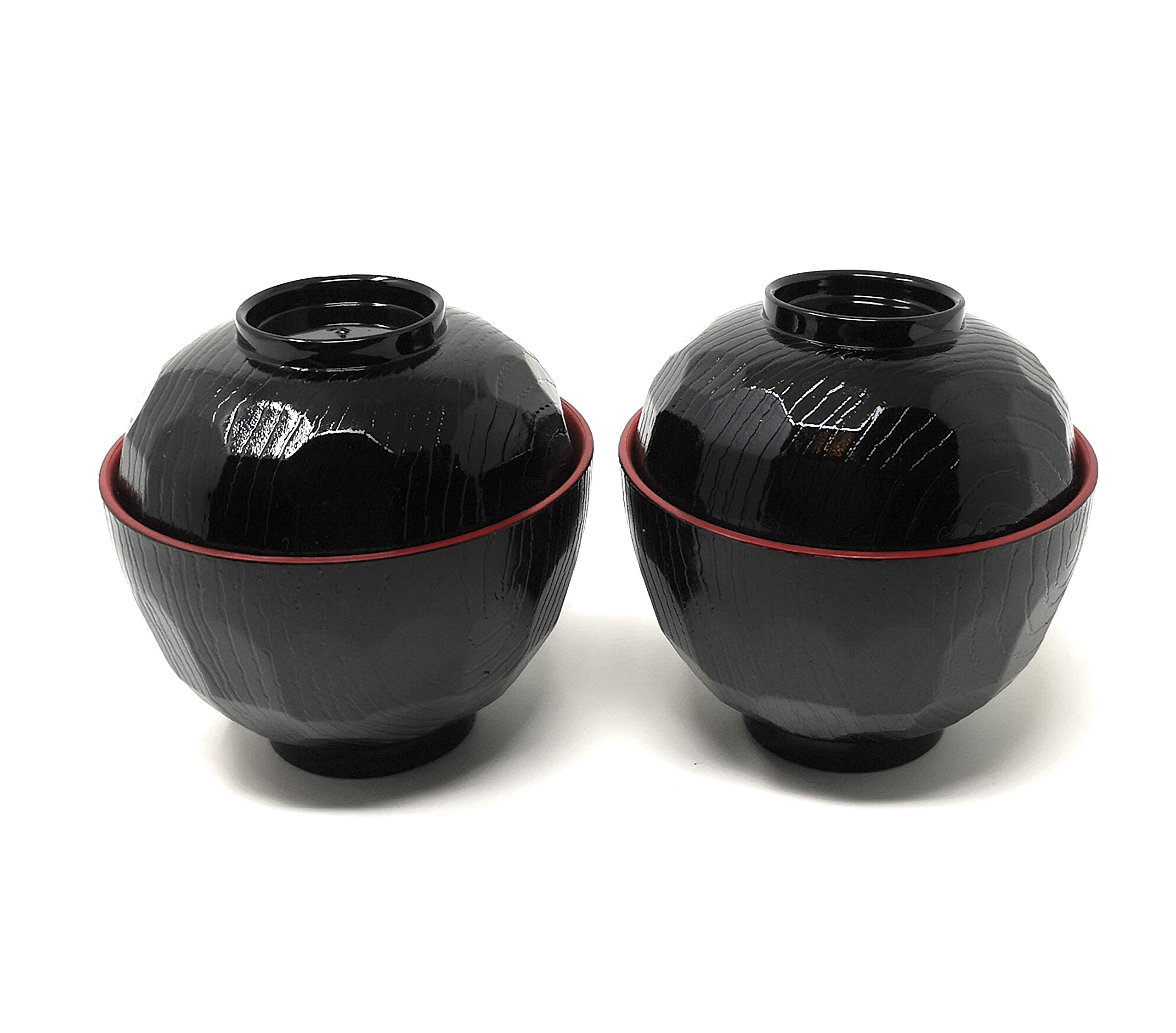 Japanese Rice and Soup Bowls with Lid - 8.4oz Black & Red Ceramic Bowls (Set of 2) for Miso Soup, Sushi, Ramen - Perfect for Asian Dining, Home Kitchen & Restaurant Use