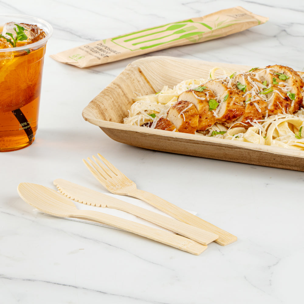 Eco-Friendly Bamboo Disposable Cutlery Set with White Napkins & Kraft Paper Pouch - 100 Count (7-Piece Set) | Perfect for Parties, Picnics, Catering & Sustainable Dining