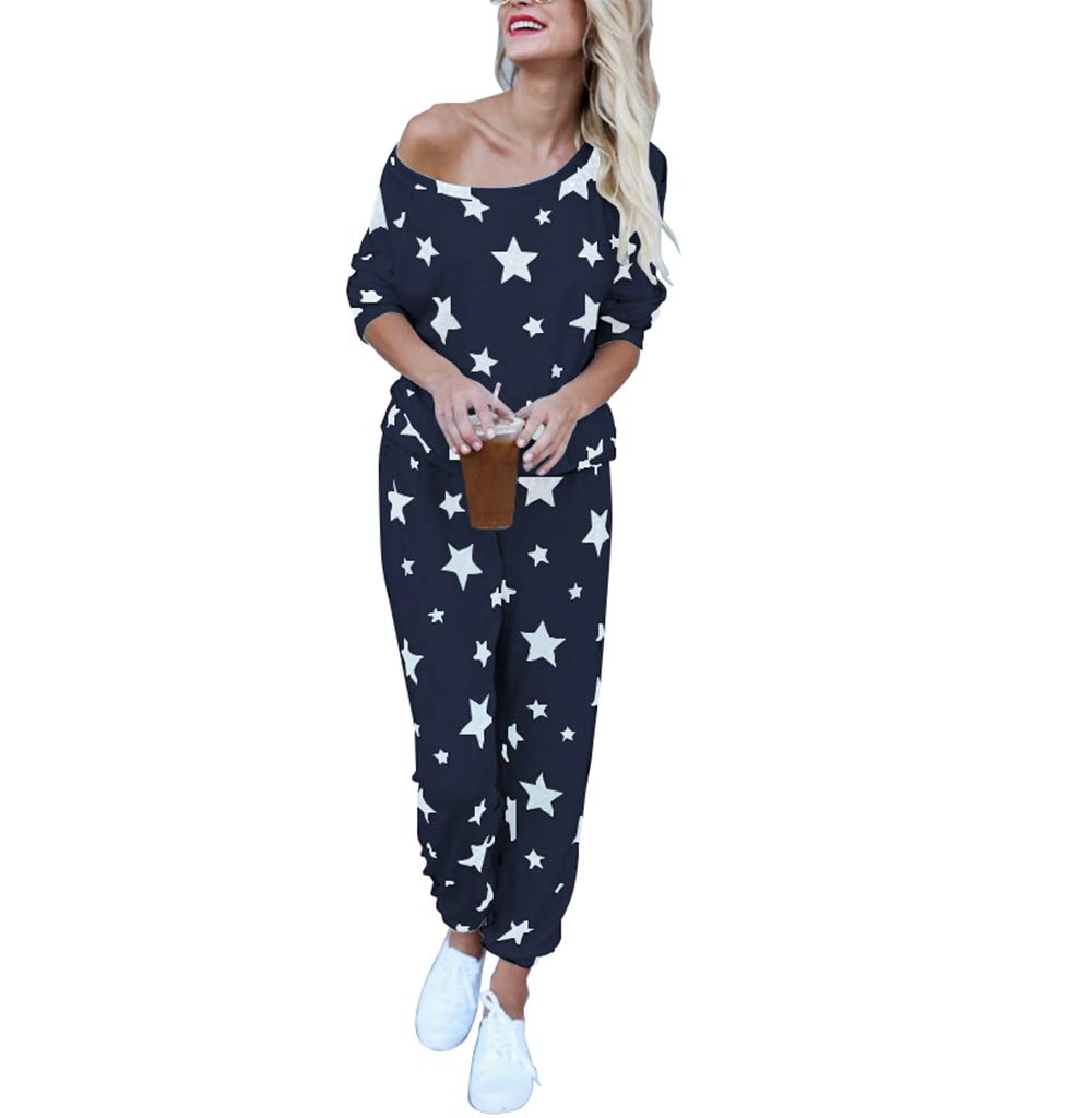 2-Piece Women's Casual Tracksuit Set - Long Sleeve Star Print Sweatshirt & Jogger Pants Outfit | Comfortable Lounge Wear for Home, Gym & Running