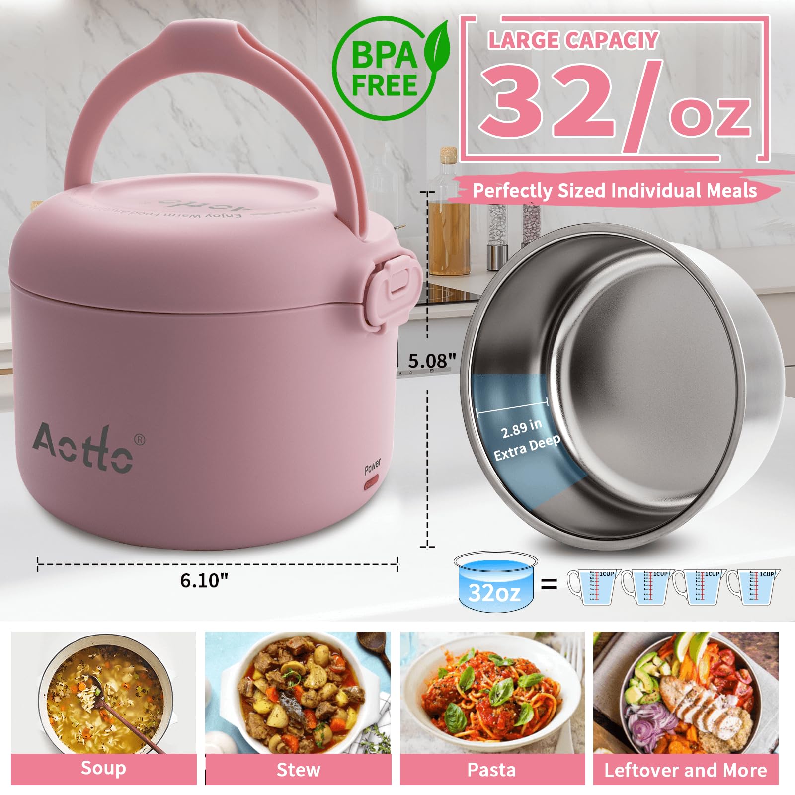Aotto 32oz Electric Lunch Box - Portable Food Warmer for Office, Car & Travel - 12V/24V/110V 3-in-1 Heater - Leak-Proof Soup & Meal Warmer - Perfect Gift for Men & Women (Pink) - Ideal for Commuting, Road Trips & Workplace Lunch Heating