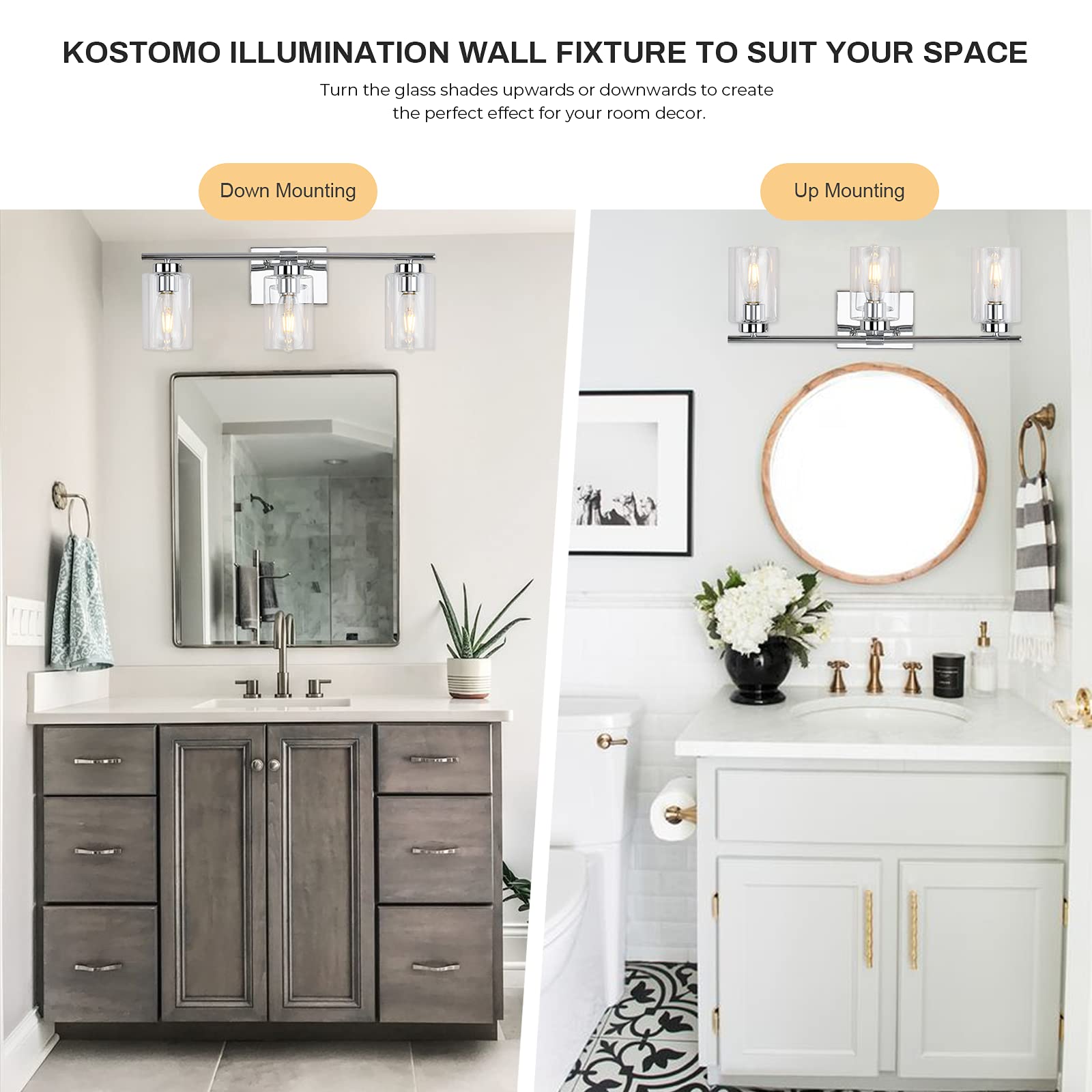 Modern Chrome Bathroom Vanity Light - 3-Light Sconce with Clear Glass for Mirror, Bedroom & Hallway