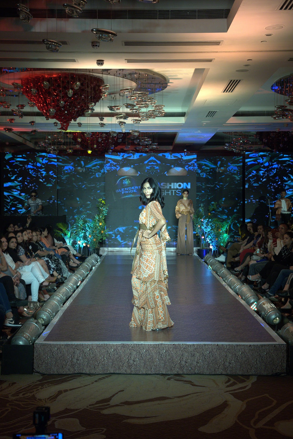 Stylish Tangerine Tribal Print Lurex Ruffle Saree with Matching Blouse - Perfect for Indian Weddings, Festivals & Special Occasions