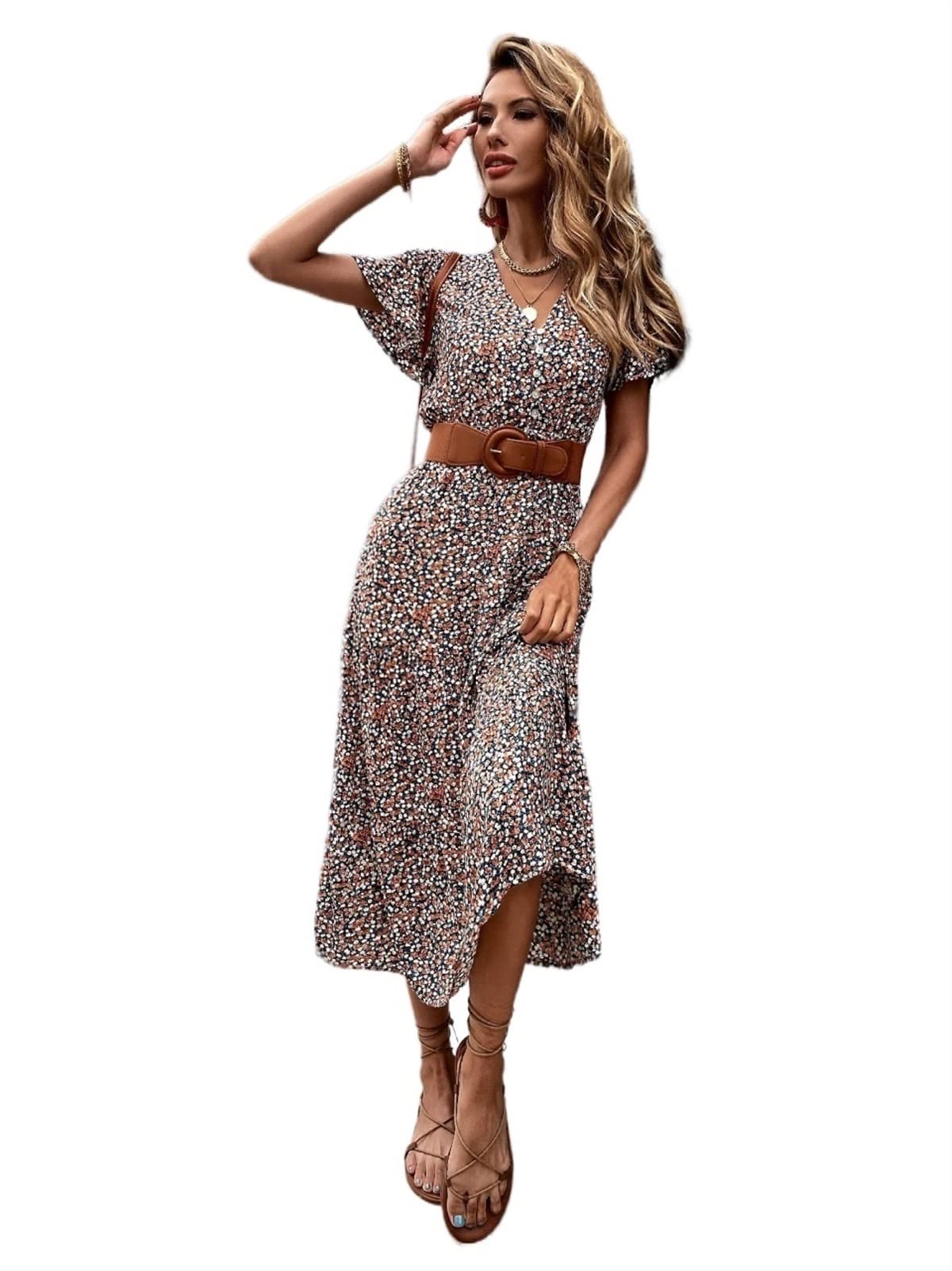 VIYAN Women's Floral Flutter Sleeve Summer Dress - Casual Short Sleeve Drawstring Waist Dress Without Belt - Perfect for Beach Vacations, Brunch Dates & Summer Outings