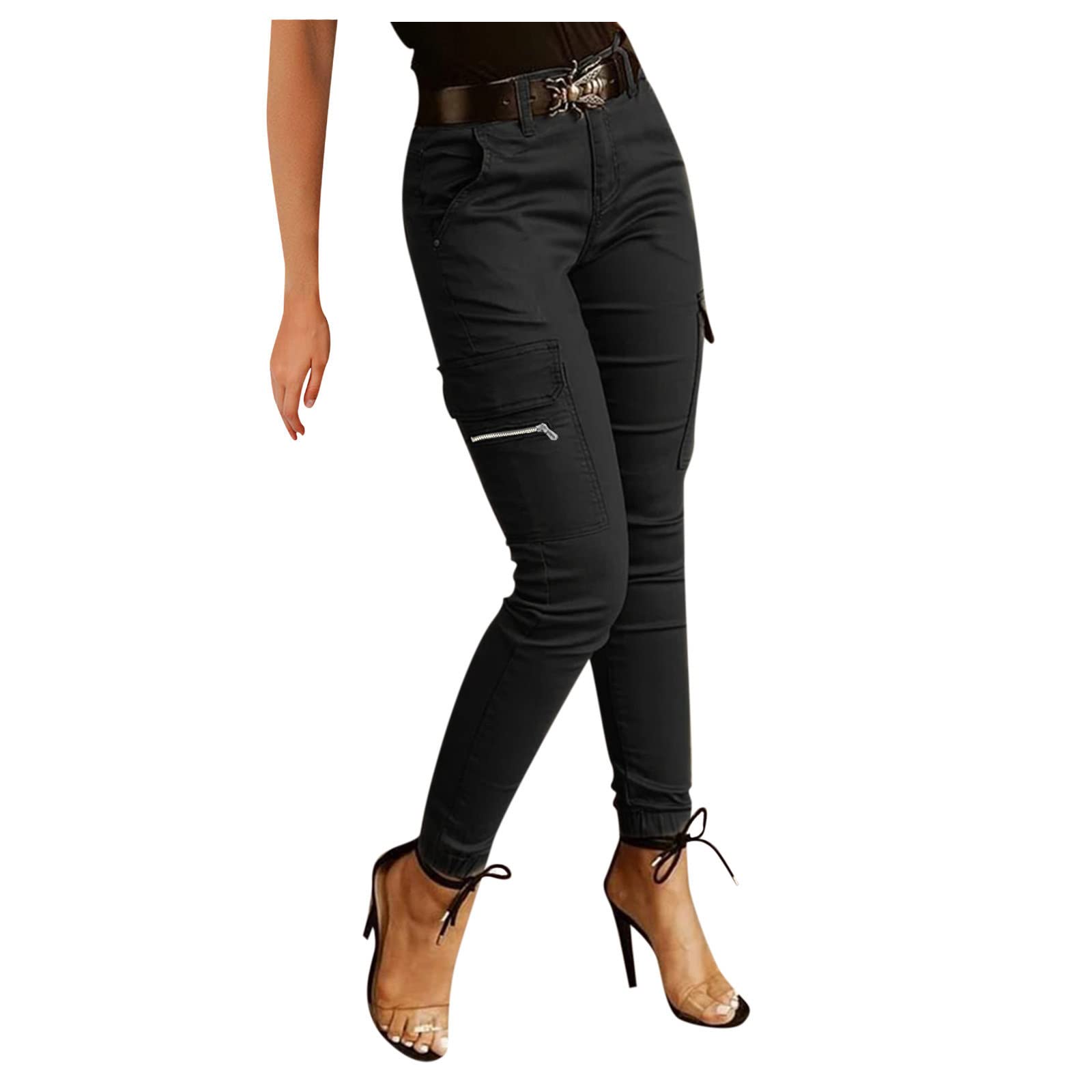 Women's High Waist Flared Yoga Pants with Pockets - Stretchy Casual Cargo Pants for Workout, Lounge & Everyday Wear | Solid Color Belted Design with Zipper Details