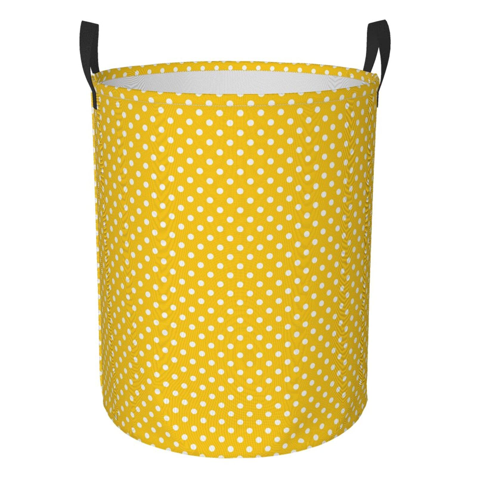FeHuew Yellow Polka Dots Collapsible Laundry Basket with Handle - Waterproof Fabric Hamper for Clothes, Toys & Bathroom Storage - Large Foldable Organizer Bin for Dirty Laundry, Bedroom & Nursery Organization | Perfect for Home, Dorm & Travel Use