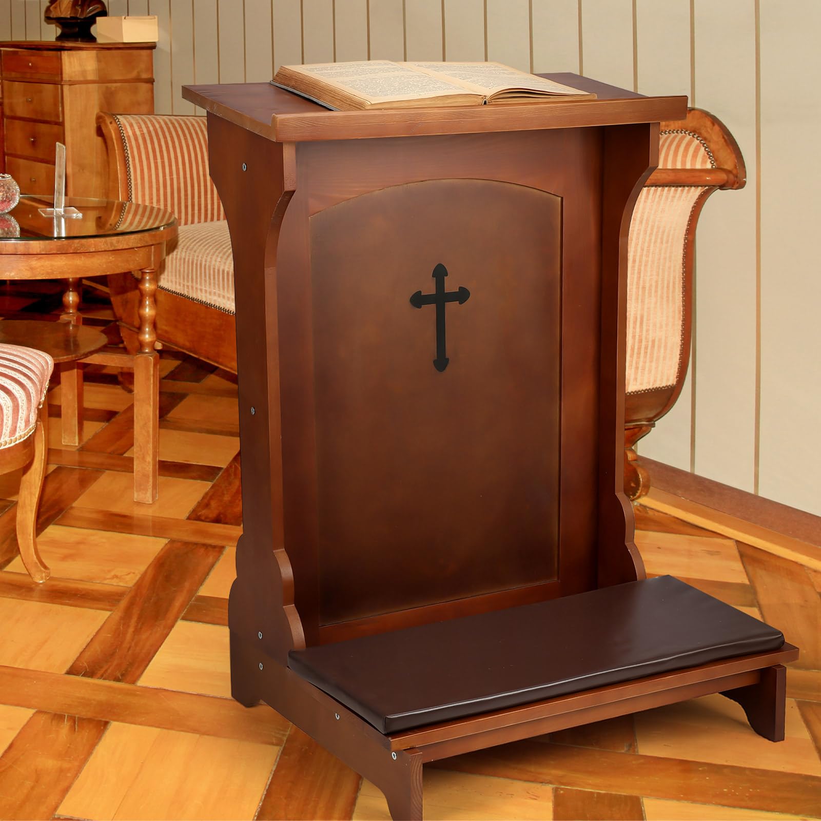 Solid Wood Prayer Bench with Shelf & Cushion - 23
