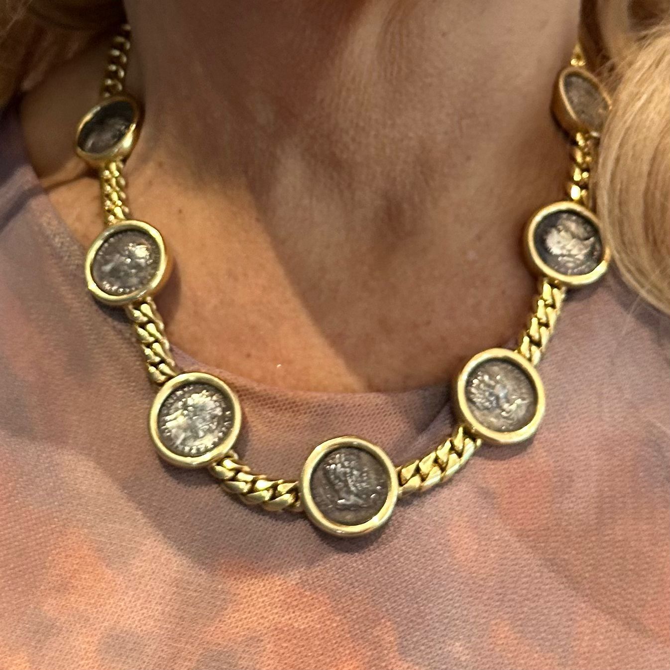 Vintage Bvlgari Bulgari 18k Yellow Gold 7 Antique Coin Monete Link Necklace - Luxury Italian Jewelry for Women, Perfect for Parties & Special Occasions