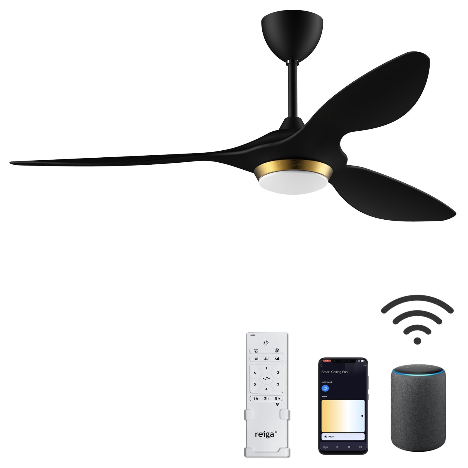 Reiga 52 Inch Black Modern Ceiling Fan with Light - Smart WiFi & Remote Control, 3 Blade Quiet DC Motor for Living Room, Bedroom, Patio, Garage - ETL Certified - Perfect for Home Cooling & Stylish Interior Decor