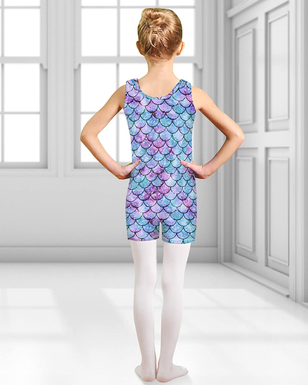 uideazone Girls Gymnastics Leotard - Mermaid Scale Biketard in Original Blue, Deep Sea Design, Adorable Dance Ballet Clothing for 5-6 Years Old (Size 5T, 120cm), Perfect for Recitals, Competitions & Practice