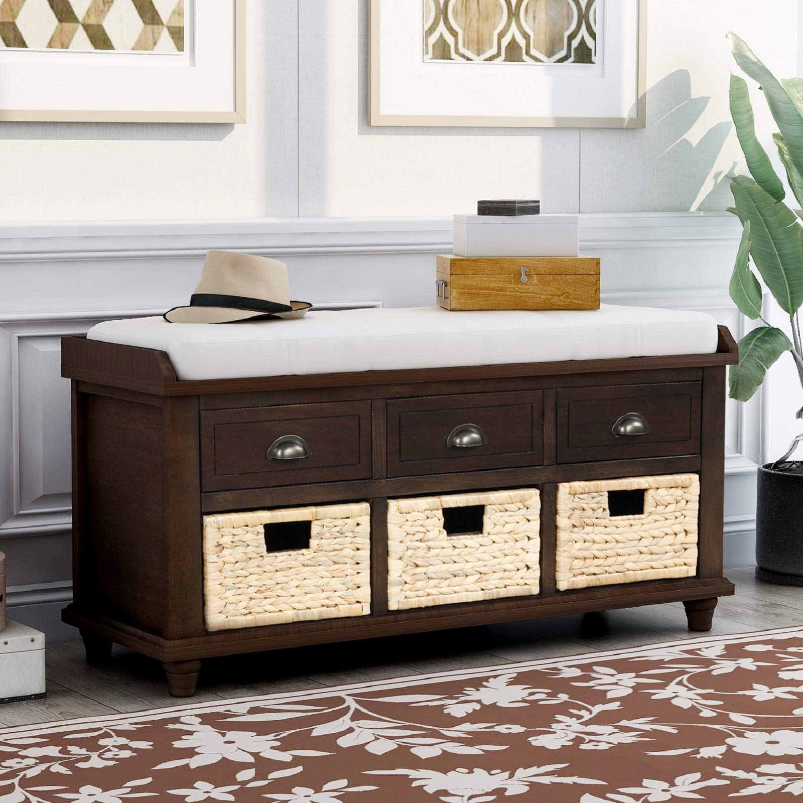 Rhomtree 3-Drawer Storage Bench with Woven Baskets & Removable Cushion - Espresso Entryway Shoe Bench for Living Room, Hallway, Bedroom - Perfect for Organizing Shoes, Blankets & Home Decor