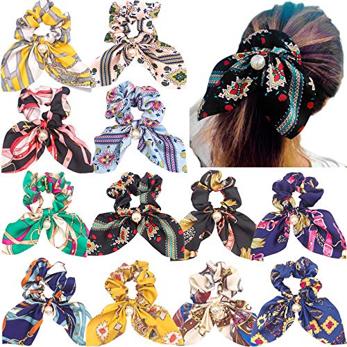 Belicia 12Pcs Big Bow Hair Scrunchies - Silky Bunny Scrunchy Elastic Hair Bands for Women, Ponytail Holders & Vintage Hair Accessories - Perfect for Everyday Wear, Work, Parties & Special Occasions