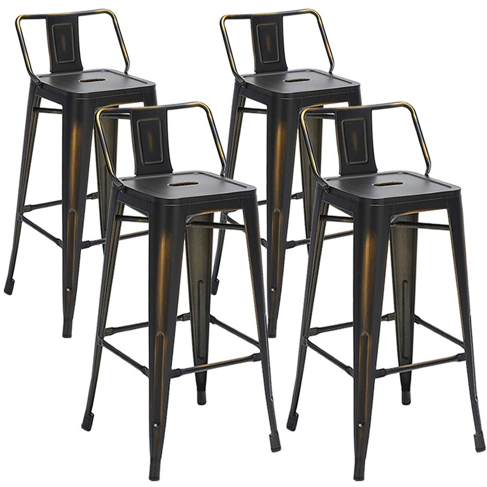 Aklaus Industrial Metal Bar Stools Set of 4 - 30 Inch Bar Height Stools with Back, Distressed Gold Finish - Modern Kitchen & Dining Chairs for Indoor/Outdoor Use - Perfect for Home Bars, Kitchen Islands, and Patio Seating