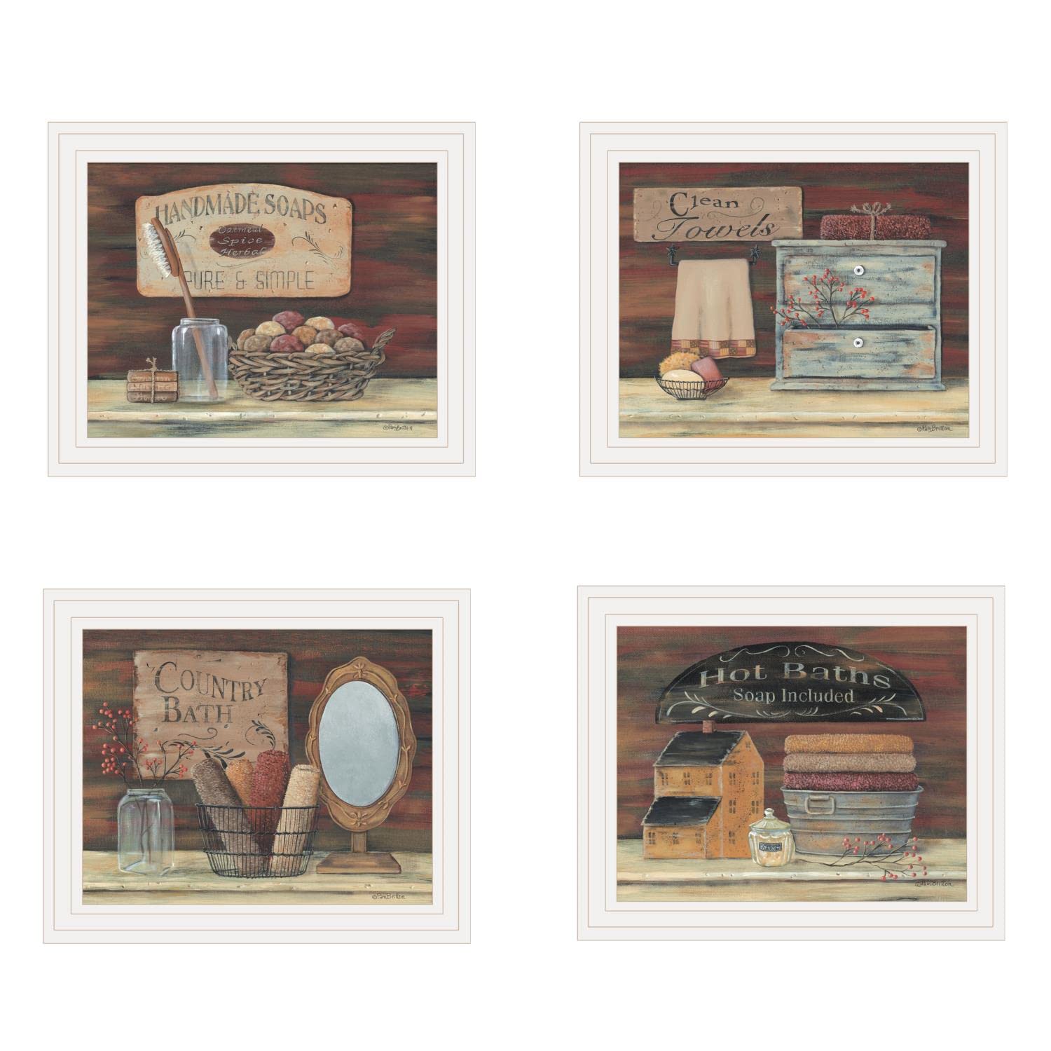 Pam Britton 4-Piece White Framed Bathroom Wall Art Set - Elegant Vignette Collection for Bathroom Decor, Home & Spa Interior Design