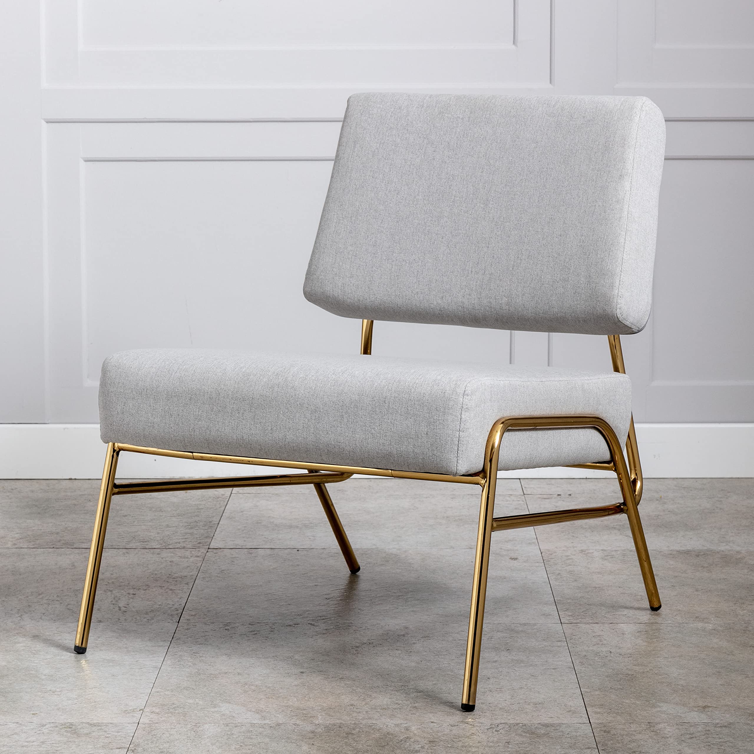 Wire Metal Frame Slipper Chair - Armless Accent Lounge Chair for Living Room, Bedroom & Home Office - Grey Linen Upholstery - Perfect for Small Spaces, Reading Nooks & Modern Decor
