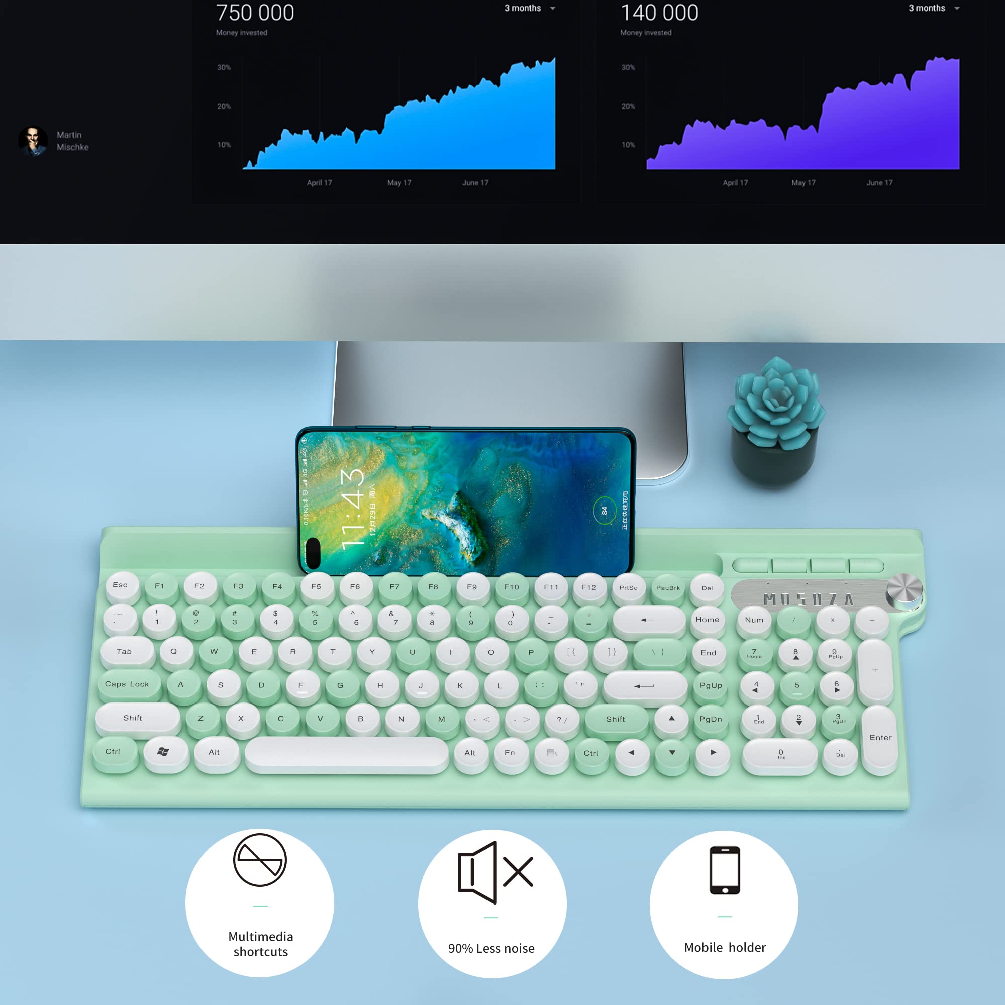 Wireless Keyboard with Phone Stand - Ergonomic Wireless Computer Keyboard for Laptop/PC, Ideal for Home Office, Gaming, and Remote Work