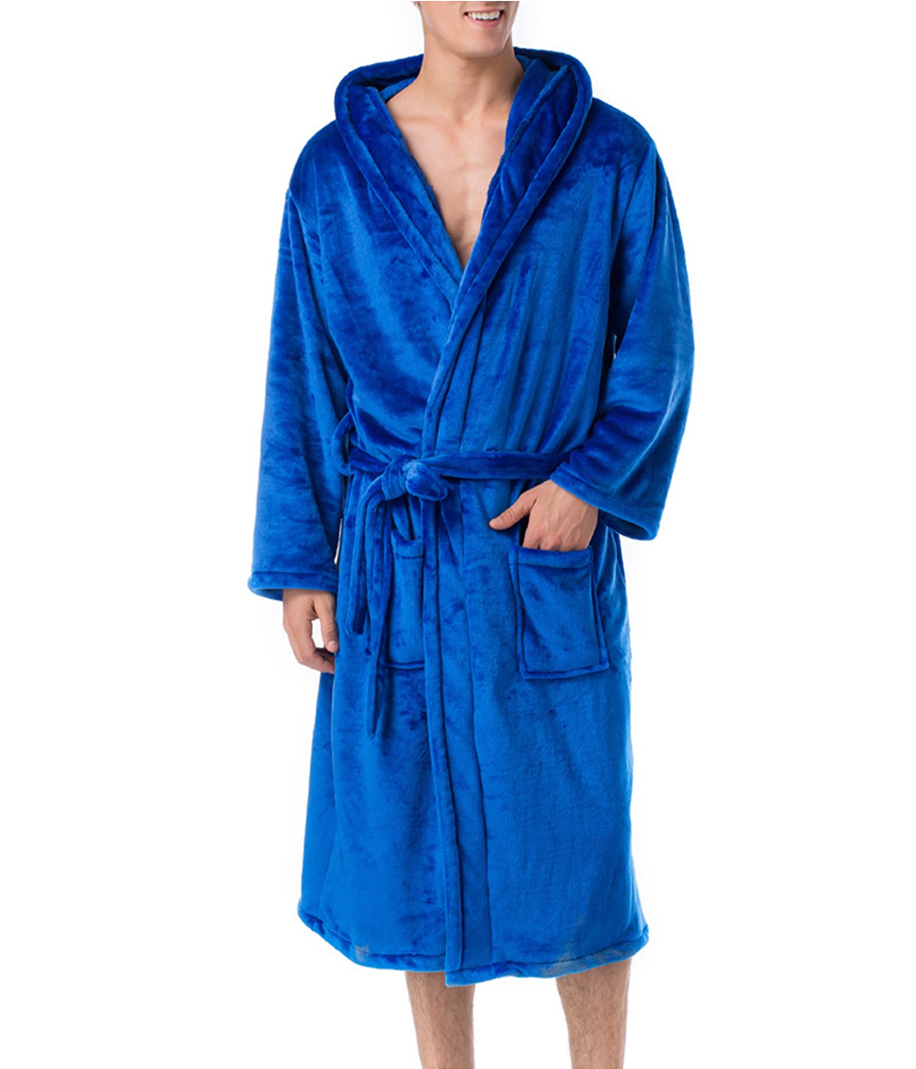 Men's Flannel Hooded Bathrobe - Warm Plush Long Sleeve Kimono Robe for Lounge & Spa | Cozy Winter Nightgown, Shawl Coat for Home Relaxation