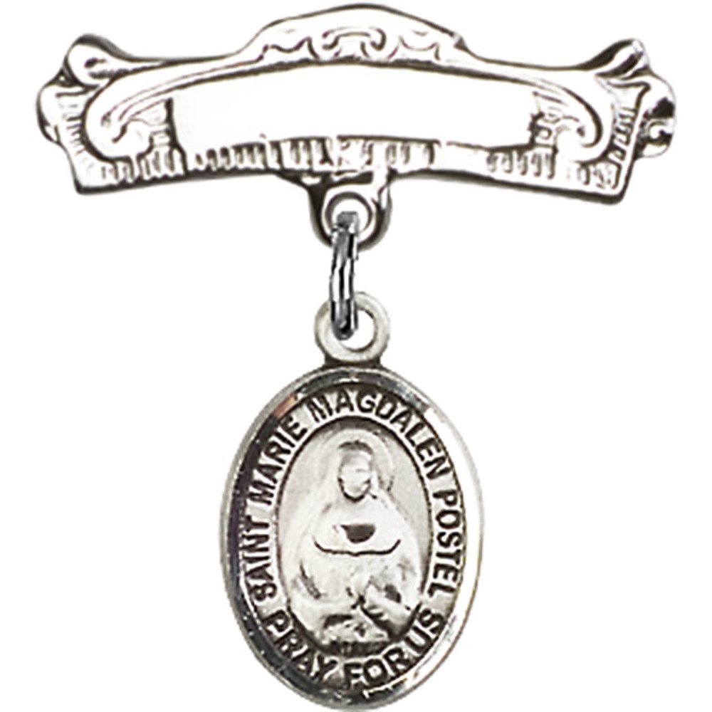 Sterling Silver Baby Badge with Marie Magdalen Postel Charm - 7/8 X 7/8 Inch Arched Polished Pin - Perfect for Christening Gifts, Baby Blessings & Religious Ceremonies