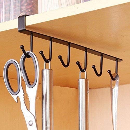 KLIVE 6-Hook Under Shelf Cup Holder - Stainless Steel Multi-Functional Kitchen Utensil Rack for Hanging Mugs, Spoons & Cooking Tools (1 Pack) - Perfect for Small Kitchen Organization & Space Saving Storage