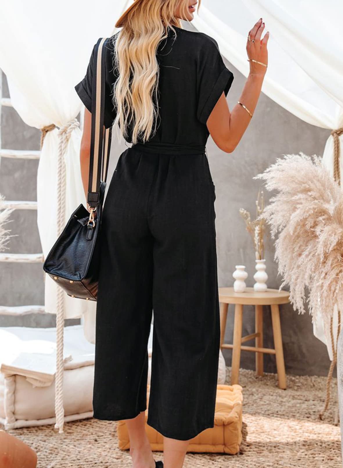 Acelitt Women's Casual V-Neck Short Sleeve Button Belted Wide Leg Jumpsuit - Summer Outfits, Beach Wear, Office Casual (Sizes S-XXL)