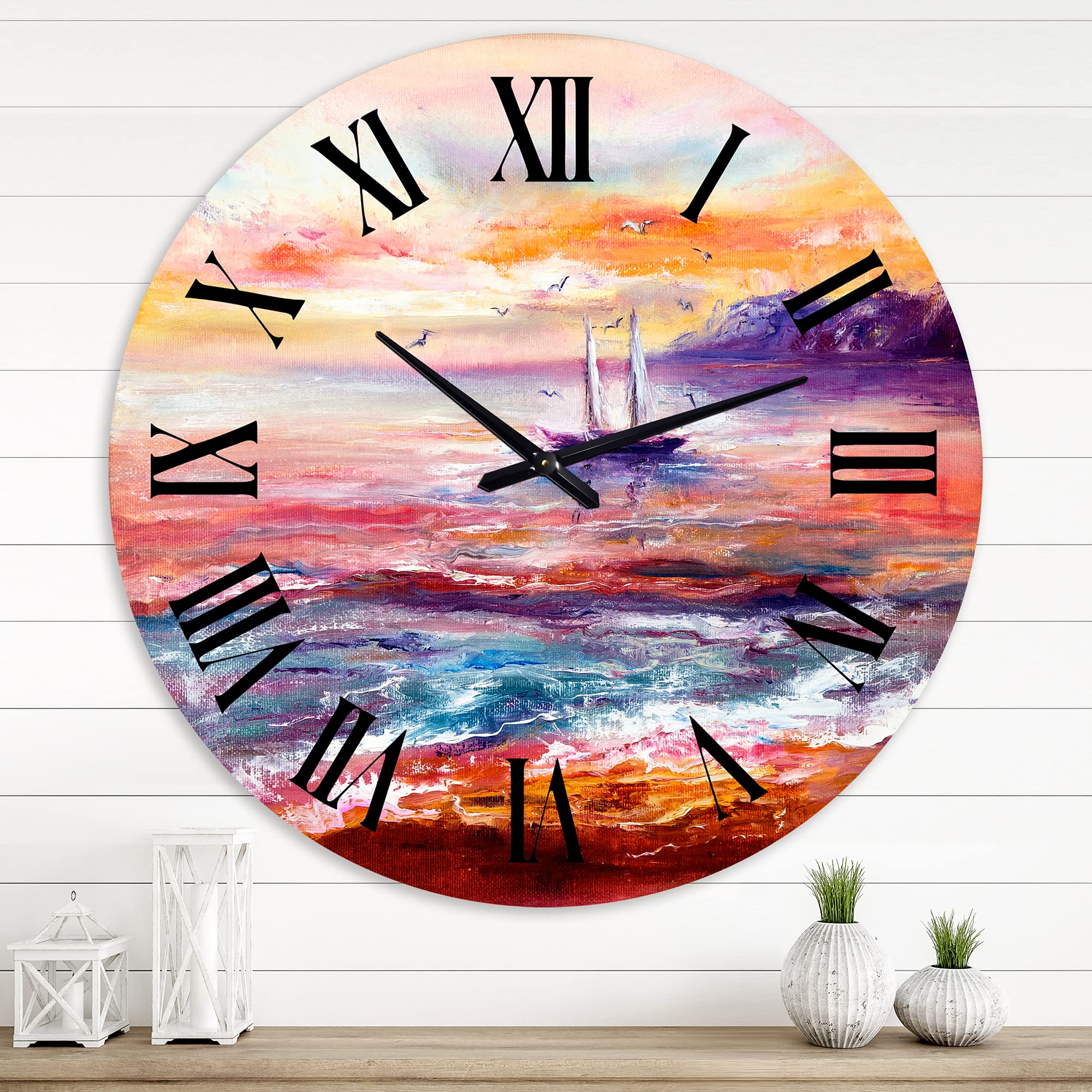 DesignQ Nautical Coastal Wall Clock - 12 Inch Round Boat Ocean Sunset Decor for Living Room, Bedroom, Office | Perfect for Beach House & Coastal Home Decor