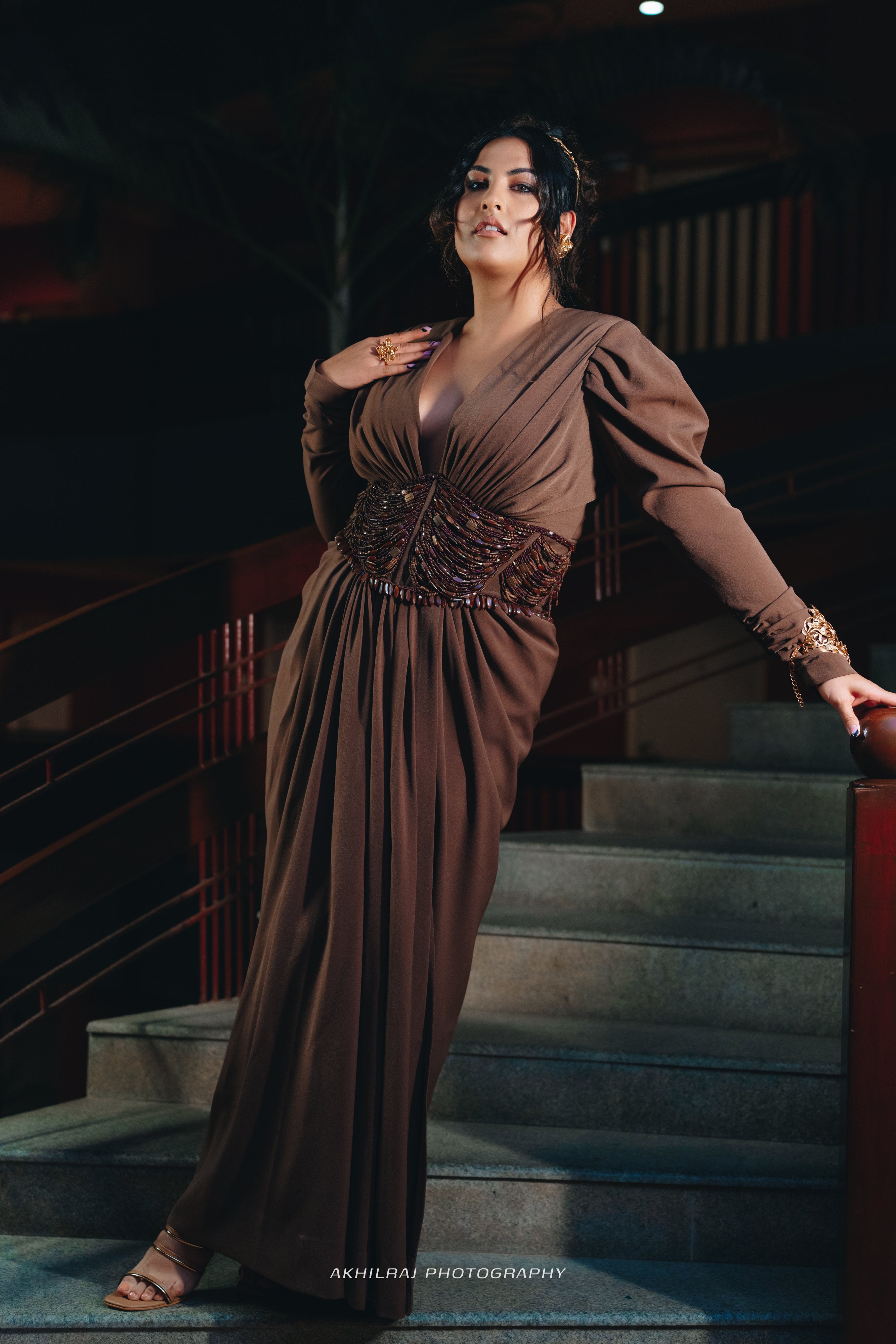 Sakshi Sindhwani Dark Tan Corset Dress with High Slit - Elegant Evening Gown for Parties, Prom & Special Occasions