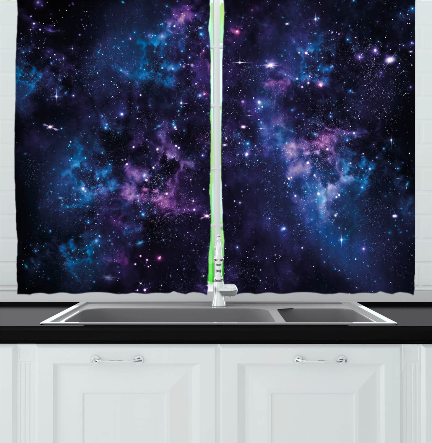 Ambesonne Space Themed Kitchen Curtains - Mystical Starry Sky with Cosmic Nebula Celestial Design, Dark Purple & Blue Blackout Drapes (Set of 2 Panels, 55x45 Inches, Rod Pocket) for Living Room, Bedroom & Space Decor