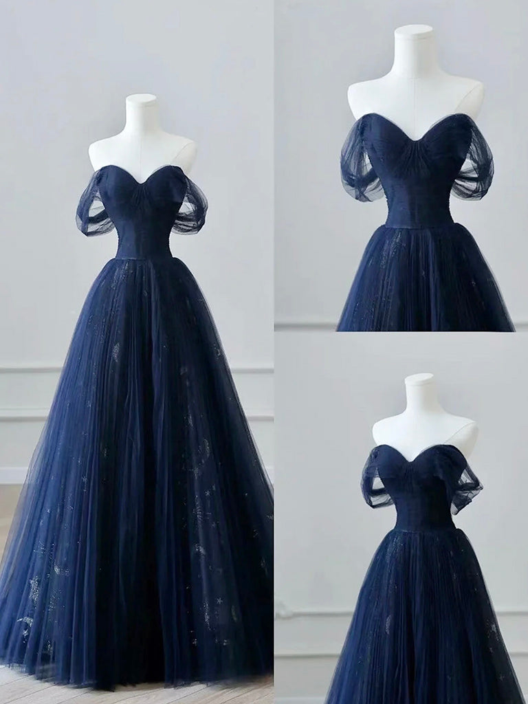 Elegant Off-Shoulder A-Line Tulle Lace Dark Blue Long Prom Dress & Evening Gown for Formal Events, Homecoming, Weddings & Special Occasions