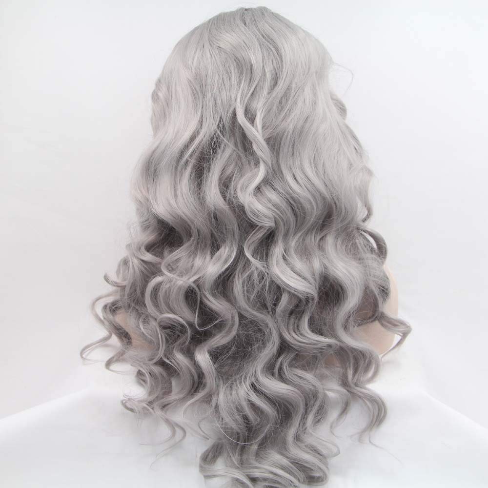 Melody Long Wavy Synthetic Lace Front Wig - Silver Grey Heat Resistant Ash Platinum Wig with Middle Parting for Cosplay, Halloween, Parties & Daily Fashion