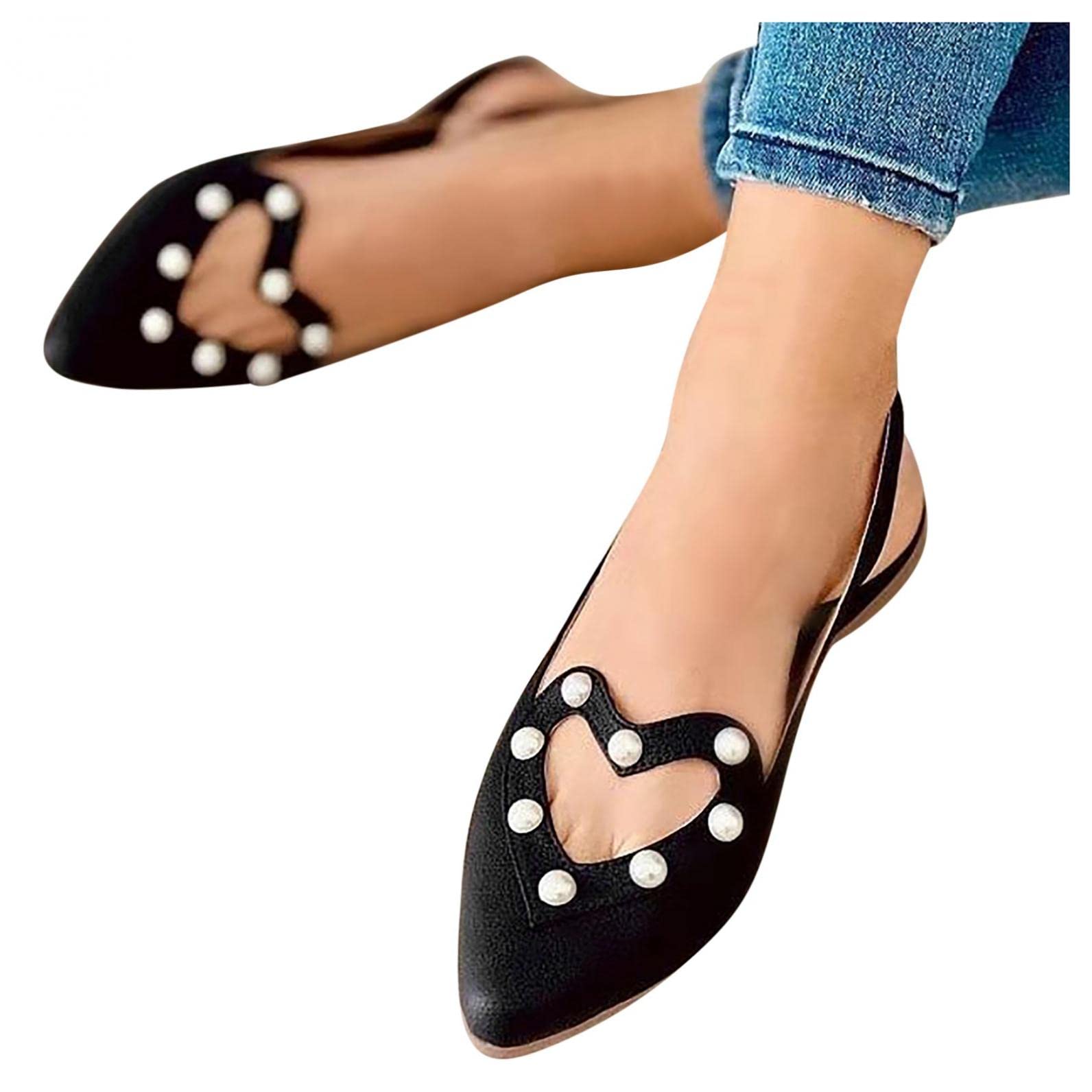 Women's Ballet Flats with Pointed Toe & Heart Cutout - Fashion Pearl Embellished Leather Slip-On Dress Shoes | Comfortable Loafers for Driving, Office, Walking & Casual Wear | Elegant Slingback Design for Work, Parties & Daily Outfits