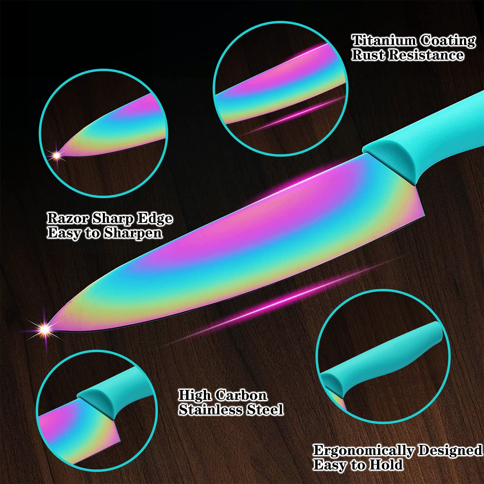 **17-Piece Marco Almond Stainless Steel Knife Set with Spoons & Blade Guards - Rainbow Color Kitchen Knives for Cooking, Baking & Meal Prep**