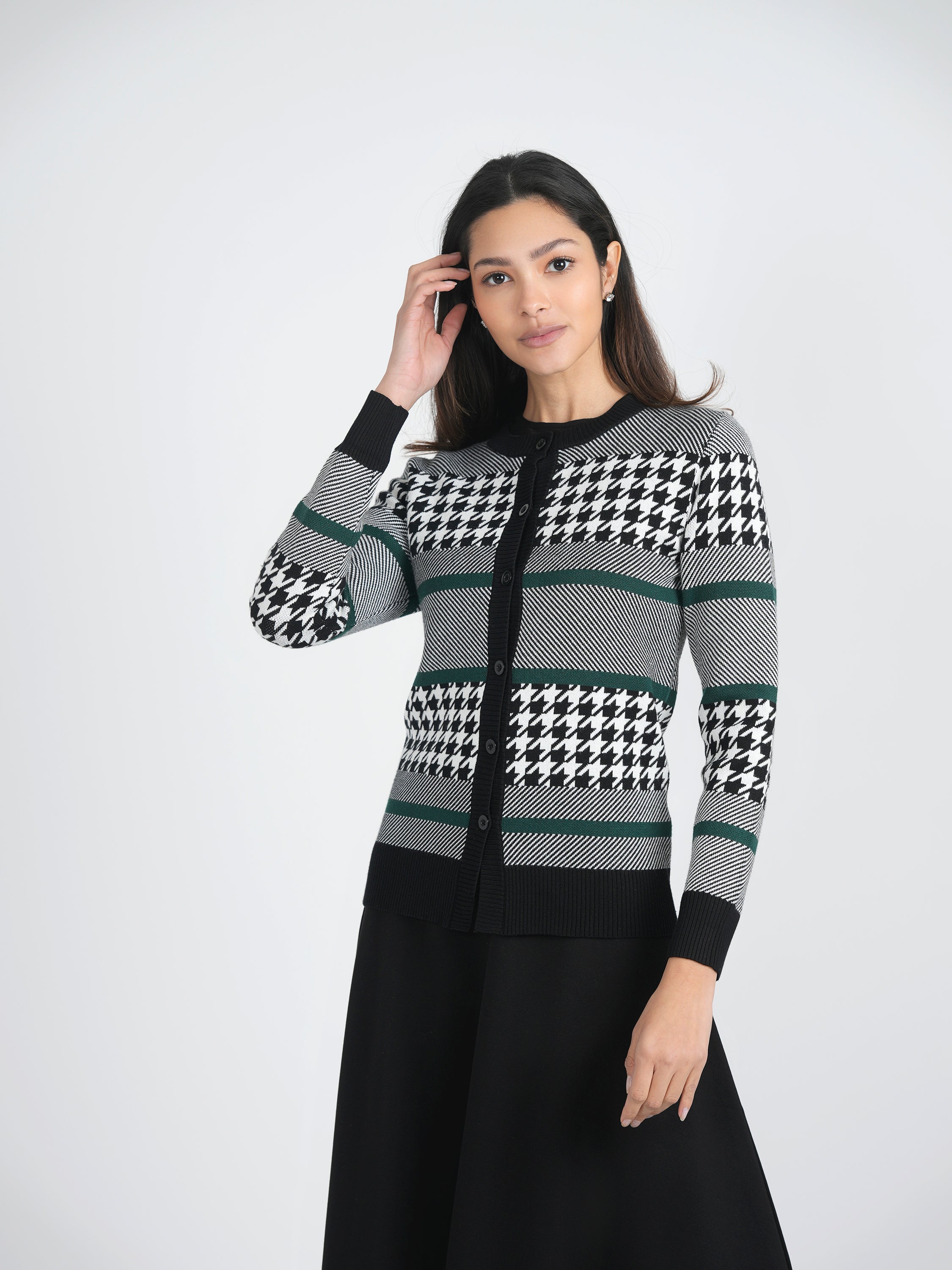 Houndstooth Knit Cardigan for Women - Stylish Open Front Long Sleeve Sweater - Perfect for Office, Date Night & Fall Layering