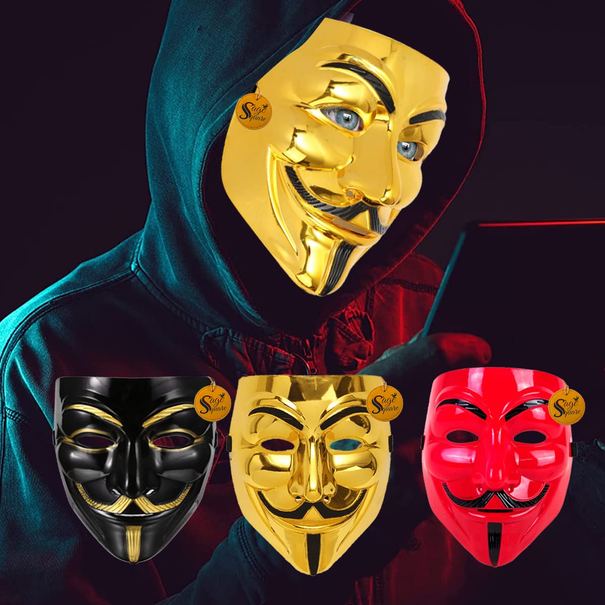 V for Vendetta Cosplay Mask Set - Sage Square Black, Golden & Red Fawkes Mask - Anonymous VIP Edition - Perfect Fit Halloween Costume & Protest Accessory (3-Pack)