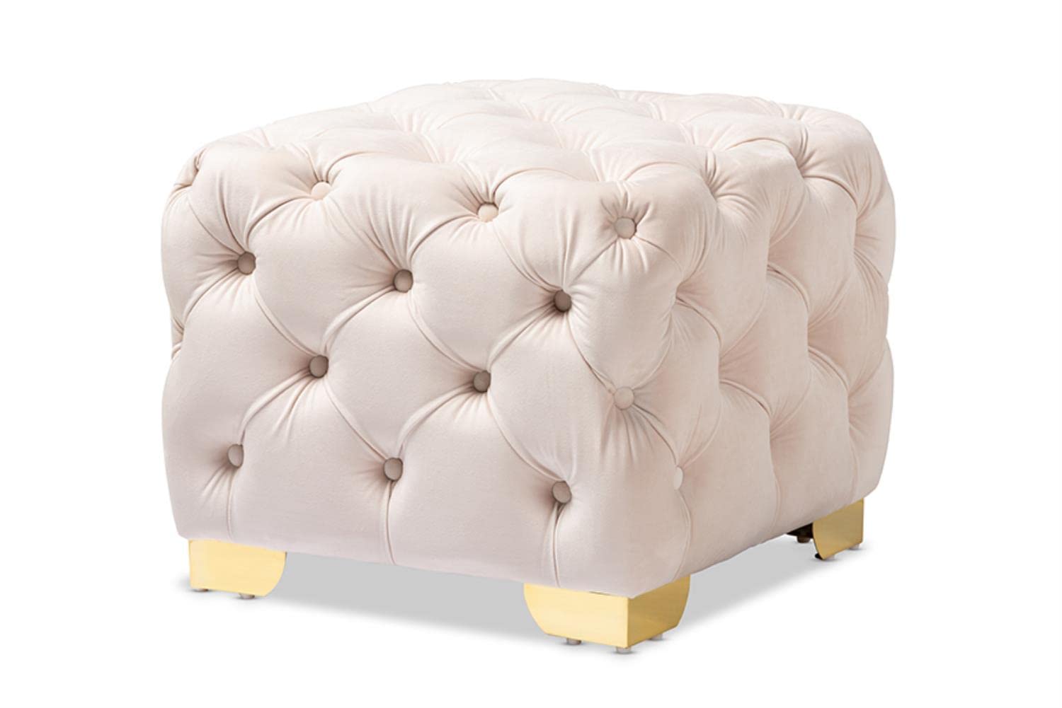 Baxton Studio Avara Tufted Ottoman - Light Beige Velvet Upholstery with Gold Finish | Luxury Footstool, Accent Seat & Bedroom Decor for Modern Living Rooms