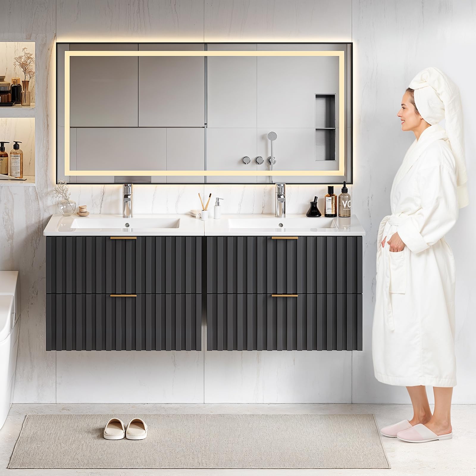 24 Inch Floating Bathroom Vanity with Sink Combo - Modern Wall Mount Storage Cabinet with 2 Fluted Drawers, Metal Handles & Ceramic Integrated Sink - Space Saving Design for Small Bathrooms, Powder Rooms or Apartments (Black)