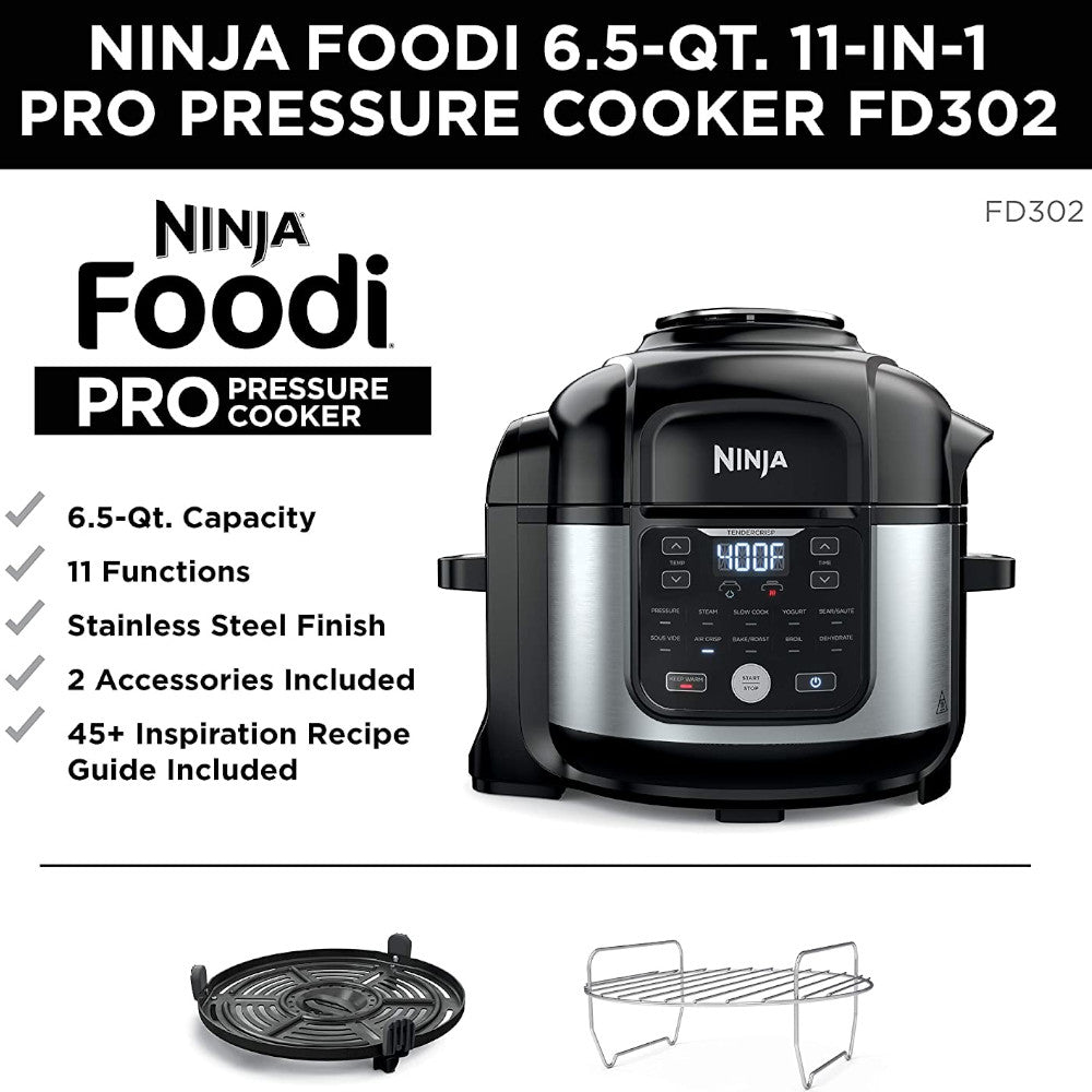 NINJA Foodi 11-in-1 Pro 6.5 qt. Pressure Cooker & Air Fryer Combo | Certified Refurbished with Home Essentials Warranty (FD302) | Perfect for Quick Meals, Healthy Cooking & Family Dinners