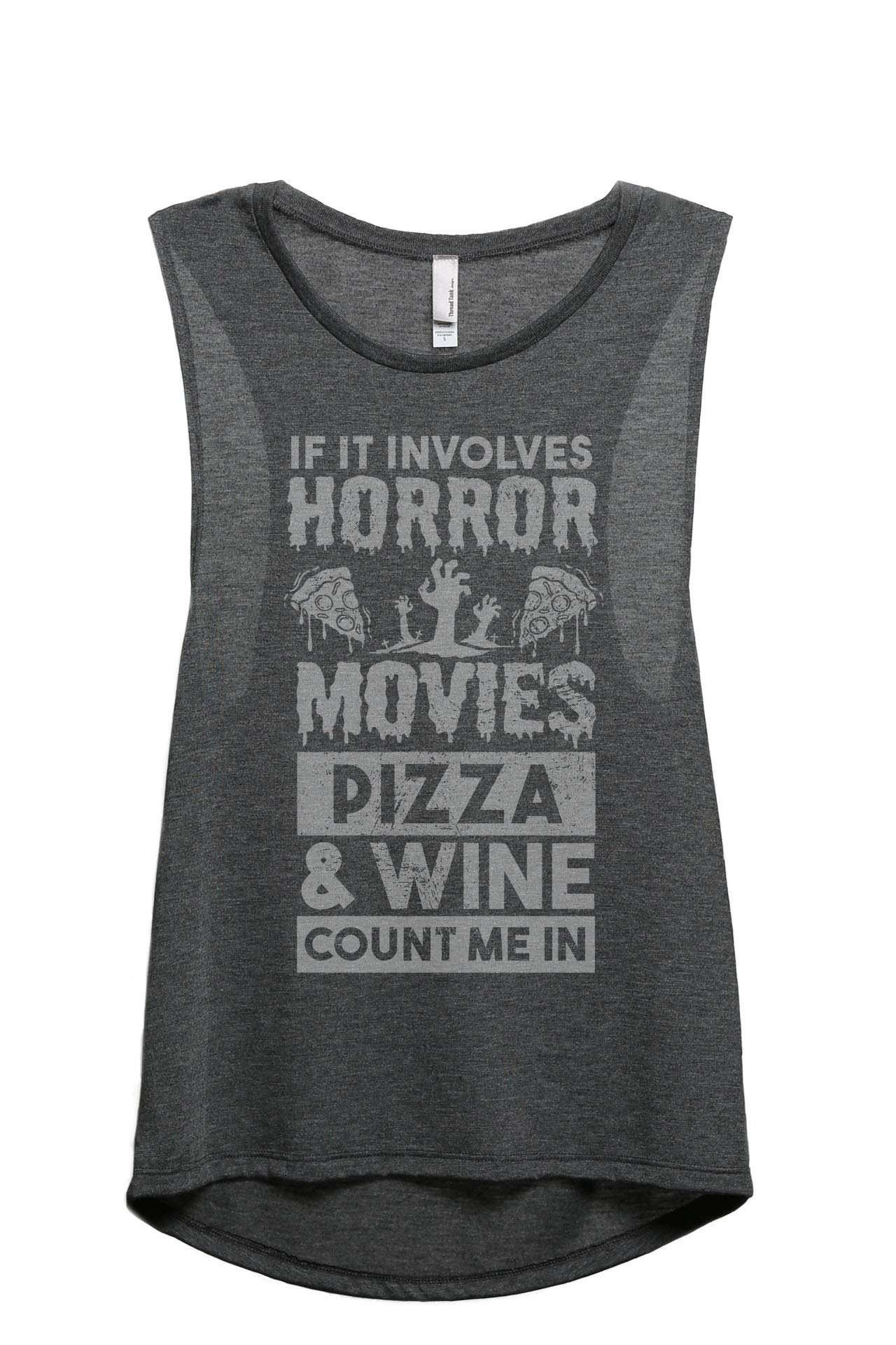 Horror Movies Pizza & Wine Women's Sleeveless Muscle Tank Top - Casual Summer Outfit for Parties, Concerts & Night Out