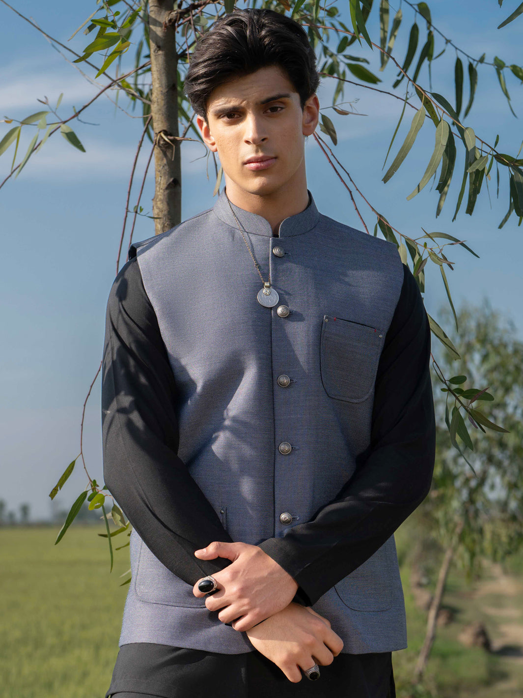 Stylish Blended Blue Waist Coat Suit by J. Junaid Jamshed - Perfect for Formal Events, Weddings & Office Wear