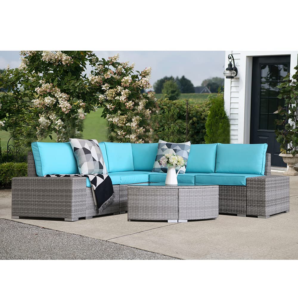 6-Piece All-Weather Rattan Patio Furniture Set with Blue Cushions & Glass Coffee Table - Outdoor Modular Sofa for Garden, Poolside & Backyard Relaxation