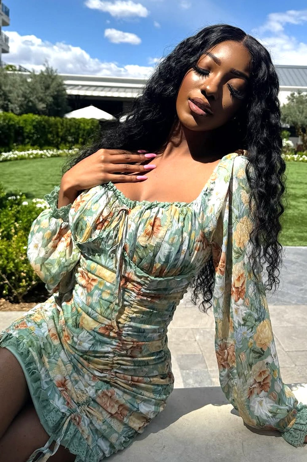 Sage Green Floral Print Mesh Ruched Ruffle Lace Hem Dress for Women - Elegant Party, Wedding Guest & Special Occasion Outfit