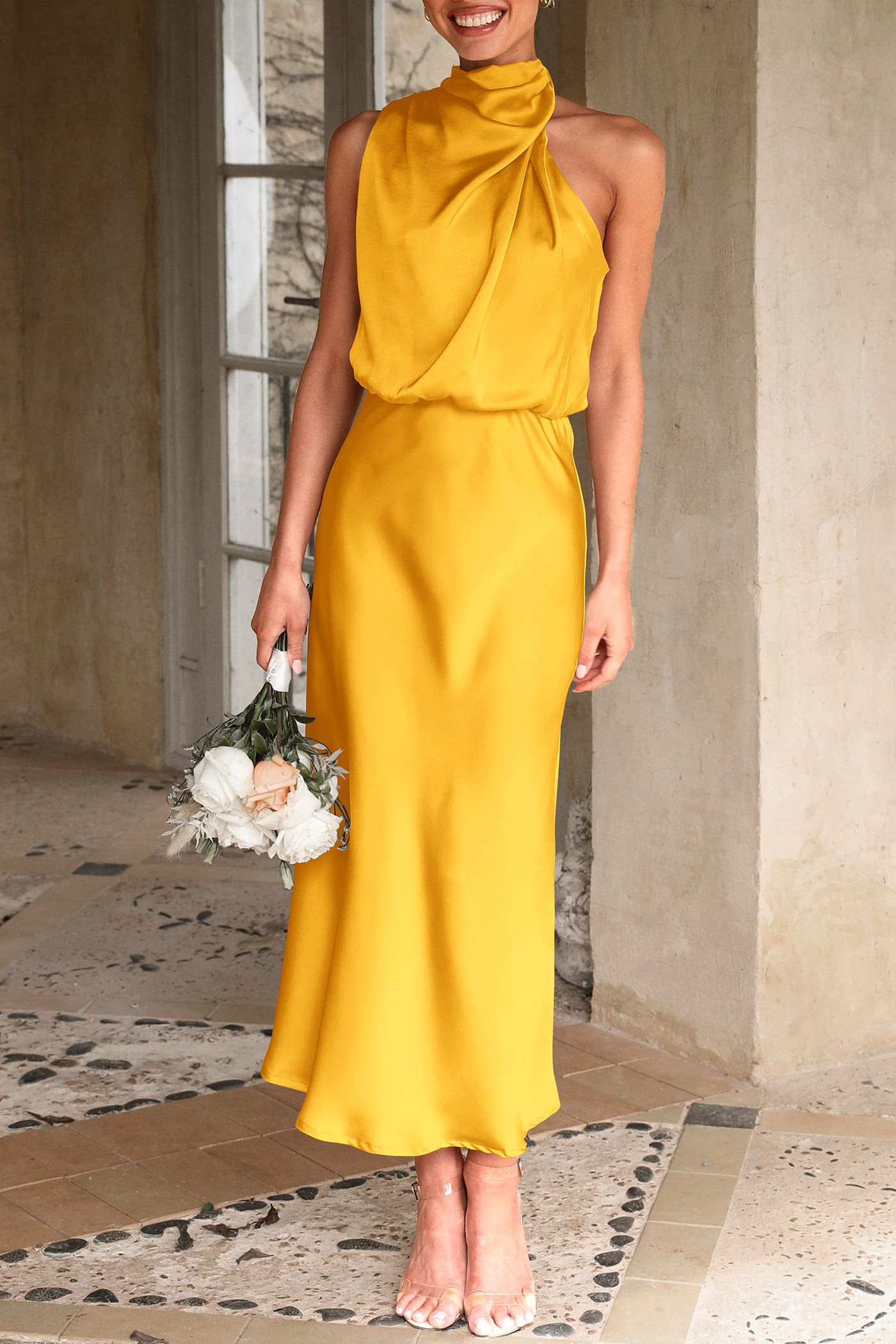 PRETTYGARDEN Women's Elegant Satin Maxi Dress - Sleeveless Mock Neck Summer Cocktail Party Dress 2025 | Perfect for Weddings, Evening Events & Special Occasions