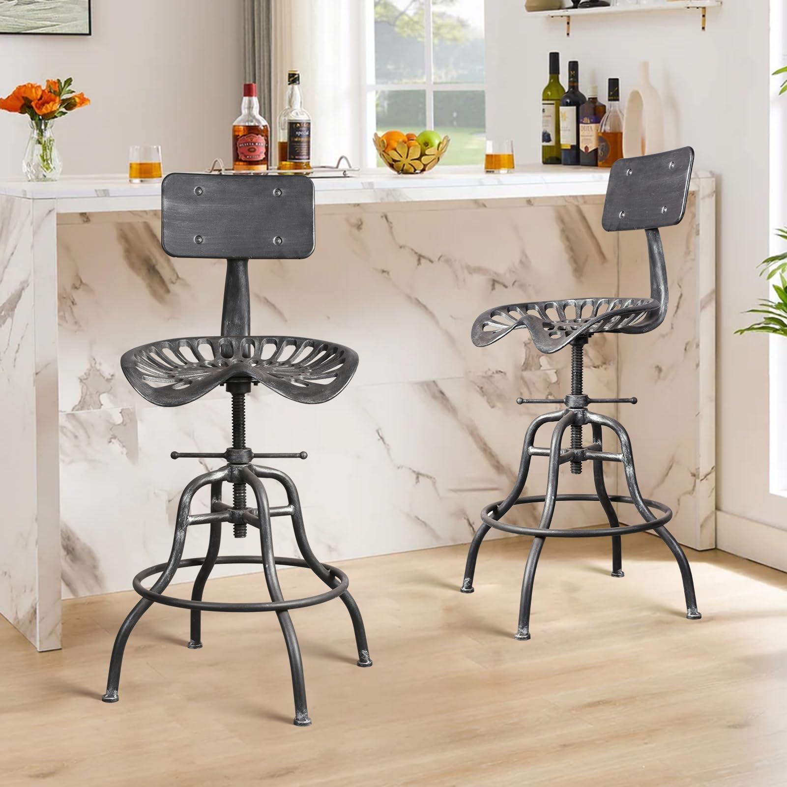 Industrial Farmhouse Bar Stool - Adjustable Tractor Saddle Chair with Backrest (22-27 Inch Height) - Durable Metal & Cast Iron Counter Stool for Kitchen, Bar, Restaurant & Home Decor - Silver Finish